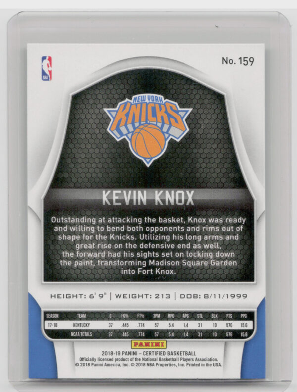 2018-19 Panini Certified Kevin Knox #159 Knicks - Image 3