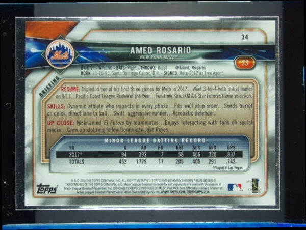 2018 Bowman Amed Rosario Sky Blue SN499 #34 Mets - Image 3