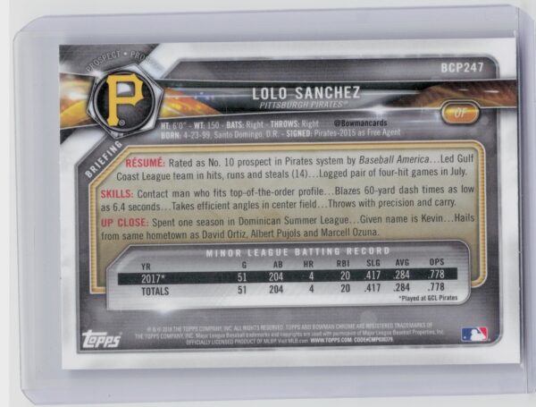 2018 Bowman Chrome LoLo Sanchez #BCP247 Pirates Prospects - Image 3