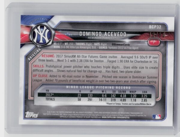 2018 Bowman Domingo Acevedo SN50 #BCP32 Yankees Chrome Prospects Mojo Refractor - Image 3