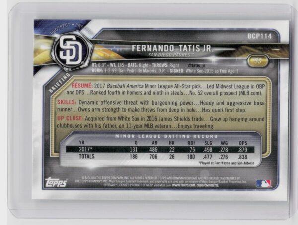 2018 Bowman Fernando Tatis Jr. #BCP114 Padres Chrome Prospects Mojo Refractor - Image 3