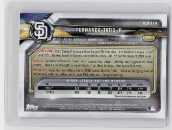 2018 Bowman Fernando Tatis Jr. #BCP114 Padres Chrome Prospects Mojo Refractor - Image 3