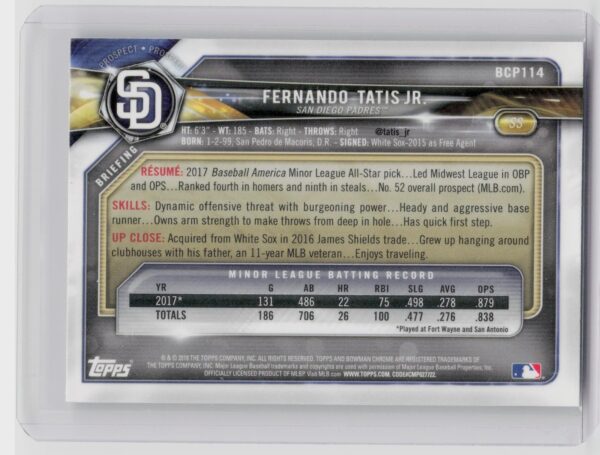 2018 Bowman Fernando Tatis Jr. #BCP114 Padres Chrome Prospects Mojo Refractor - Image 3