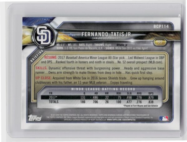 2018 Bowman Fernando Tatis Jr. #BCP114 Padres Chrome Prospects Mojo Refractor - Image 3