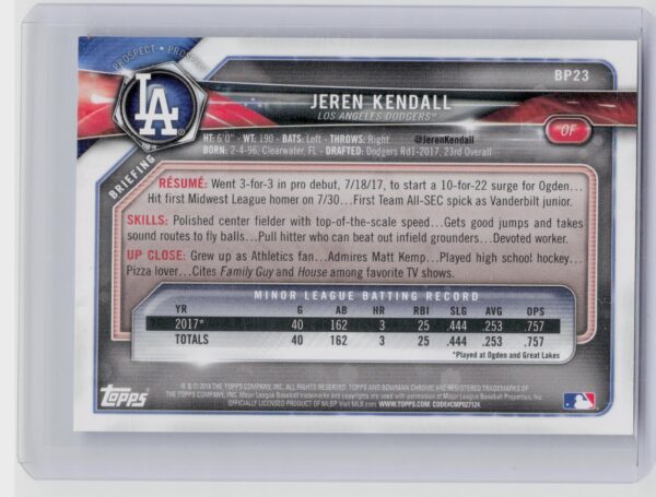 2018 Bowman Jeren Kendall /499 #BP23 Dodgers Prospects Sky Blue - Image 3