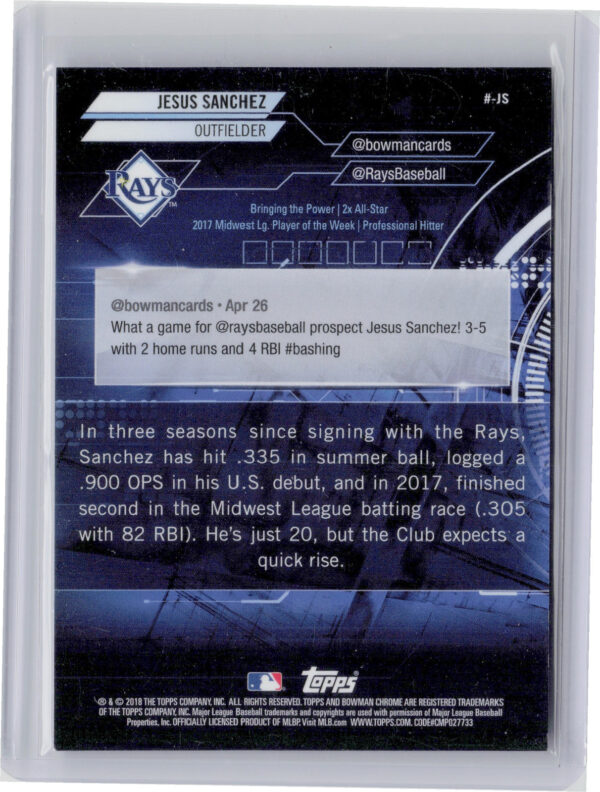 2018 Bowman Jesus Sanchez SN250 ##-JS Rays Chrome #BowmanTrending Mojo Refractor - Image 3