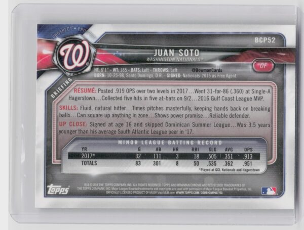 2018 Bowman Juan Soto #BCP52 Nationals Chrome Prospects Mojo Refractor - Image 3