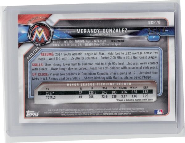 2018 Bowman Merandy Gonzalez /50 #BCP70 Marlins Prospects Mojo Refractor Gold - Image 3