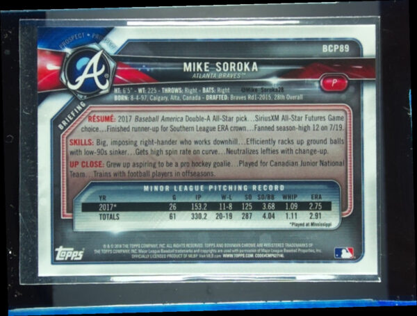 2018 Bowman Mike Soroka SN150 #BCP89 Braves Chrome Prospects Blue Shimmer Refrac - Image 3