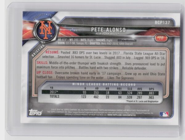 2018 Bowman Pete Alonso #BCP137 Mets Chrome Prospects Mojo Refractor - Image 3