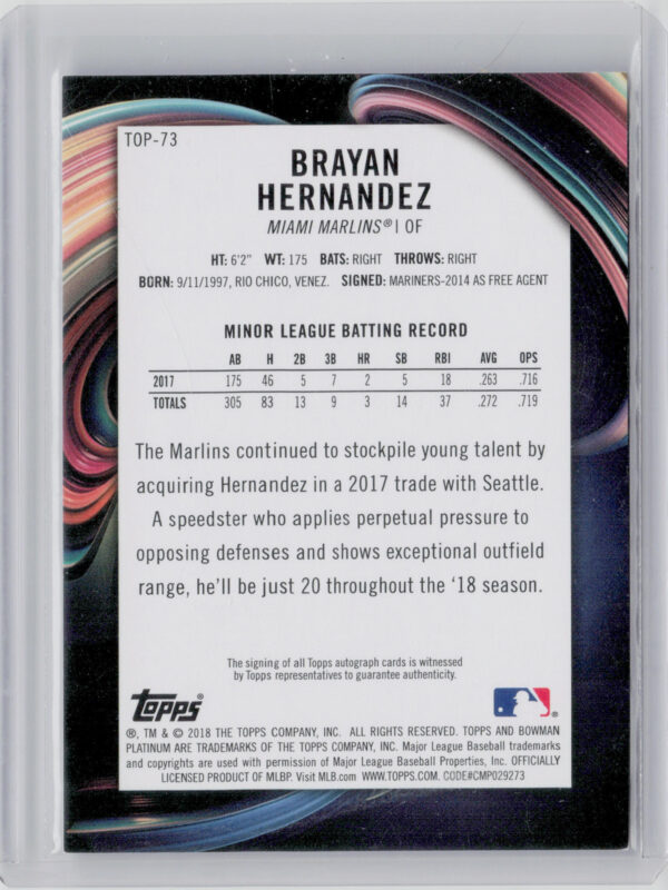 2018 Bowman Platinum Brayan Hernandez AU #TOP-73 Marlins Top Prospects Autograph - Image 3
