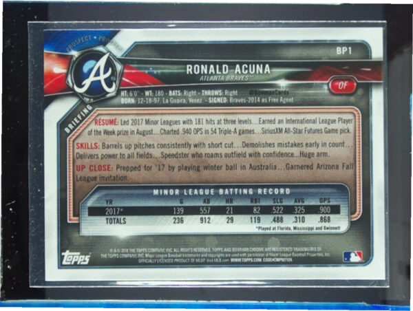 2018 Bowman Ronald Acuna #BP1 Braves Prospects - Image 3