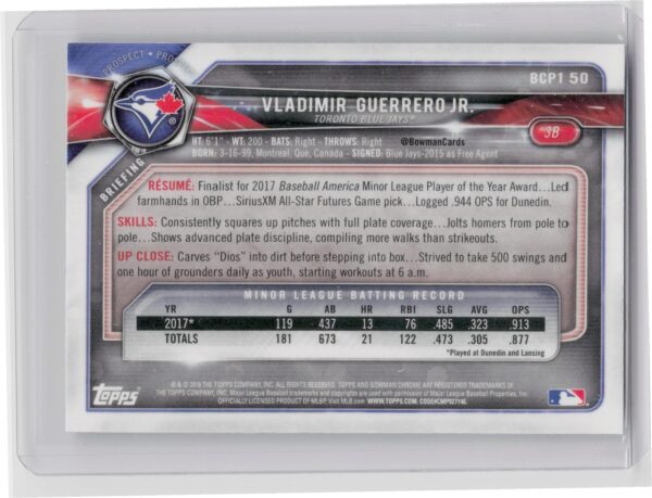 2018 Bowman Vladimir Guerrero Jr. #BCP150 Jays Chrome Prospects - Image 3