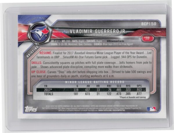 2018 Bowman Vladimir Guerrero Jr. #BCP150 Jays Chrome Prospects - Image 3