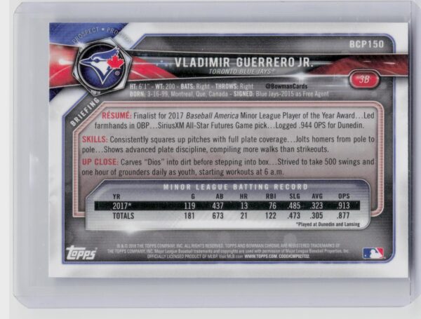 2018 Bowman Vladimir Guerrero Jr. #BCP150 Jays Chrome Prospects Mojo Refractor - Image 3