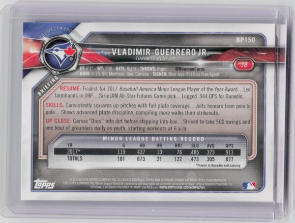 2018 Bowman Vladimir Guerrero Jr. #BP150 Jays Prospects - Image 3