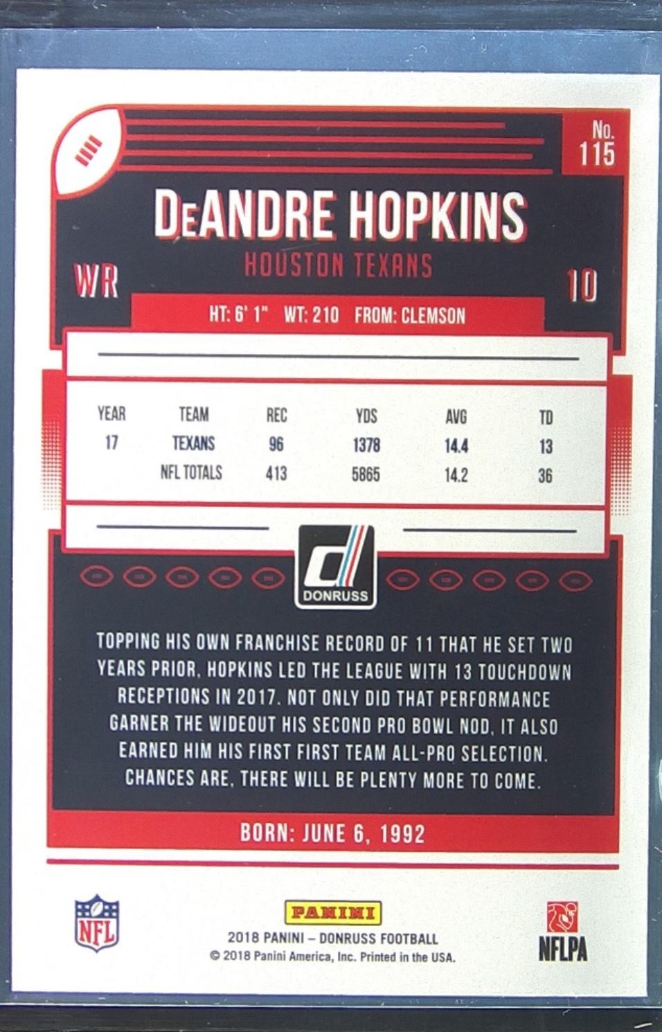 2018 Donruss DeAndre Hopkins Press Proof Bronze #115 Texans - Image 3