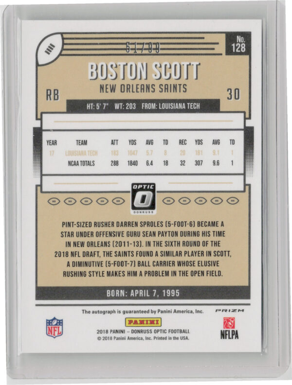 2018 Donruss Optic Boston Scott AU SN99 #128 Saints Rookies Autographs Holo - Image 3