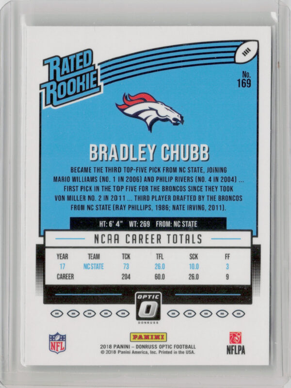 2018 Donruss Optic Bradley Chubb RC #169 Broncos - Image 3