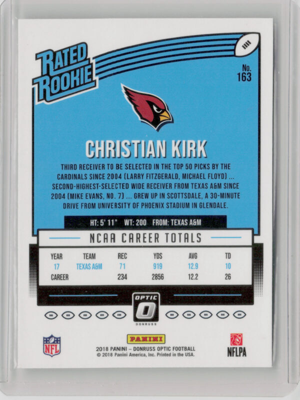 2018 Donruss Optic Christian Kirk RC #163 Cardinals - Image 3
