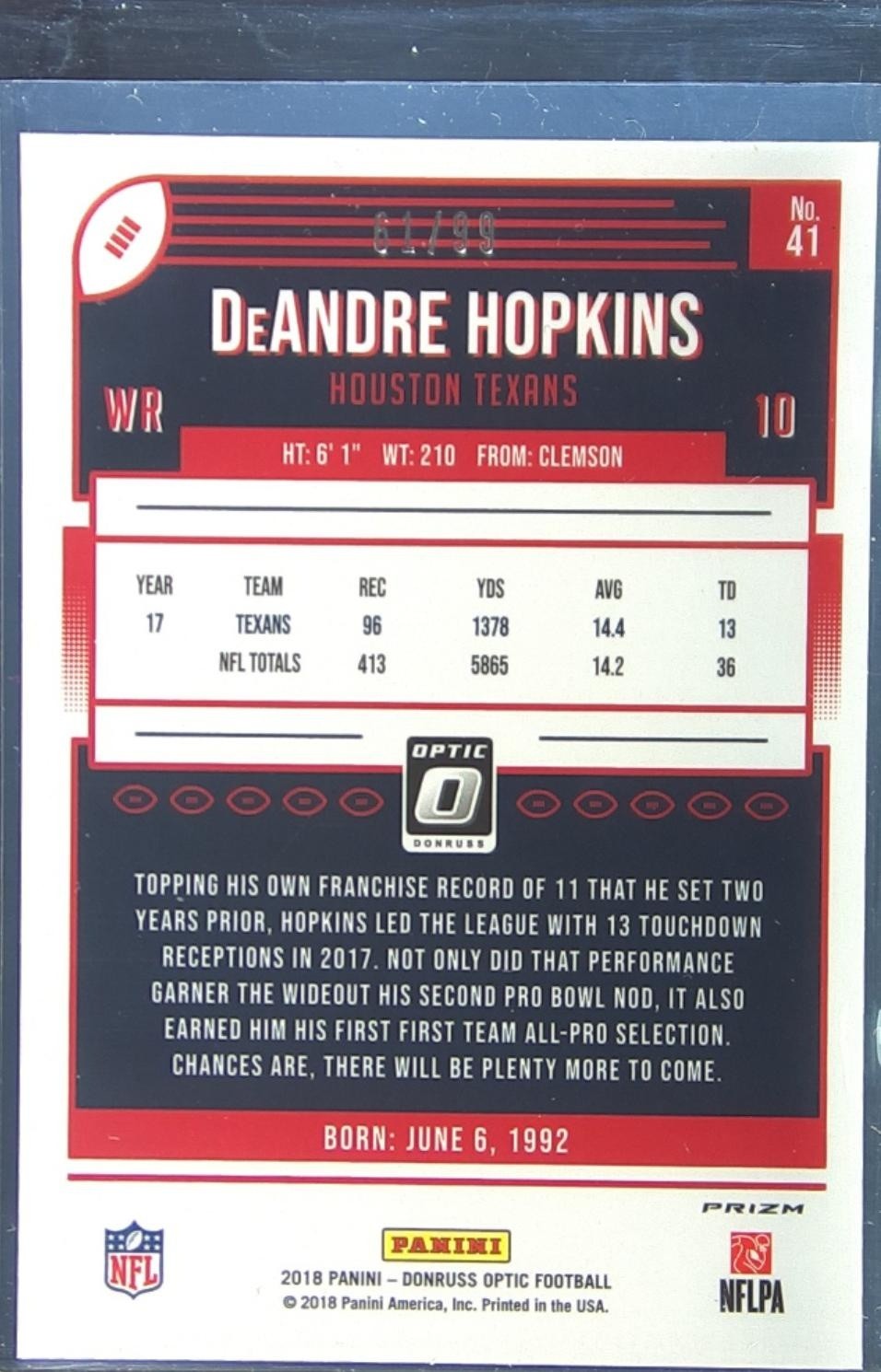 2018 Donruss Optic DeAndre Hopkins Red /99 #41 Texans - Image 3