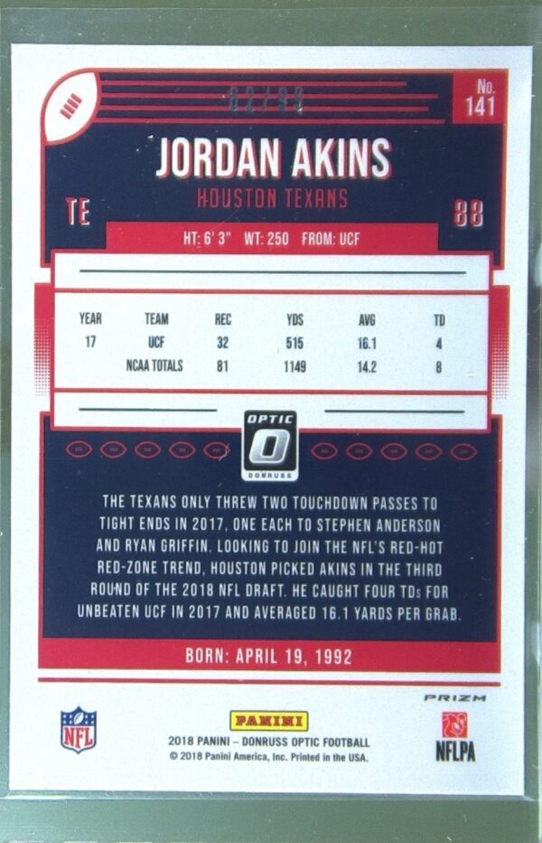 2018 Donruss Optic Jordan Akins Red /99 #141 Texans - Image 3