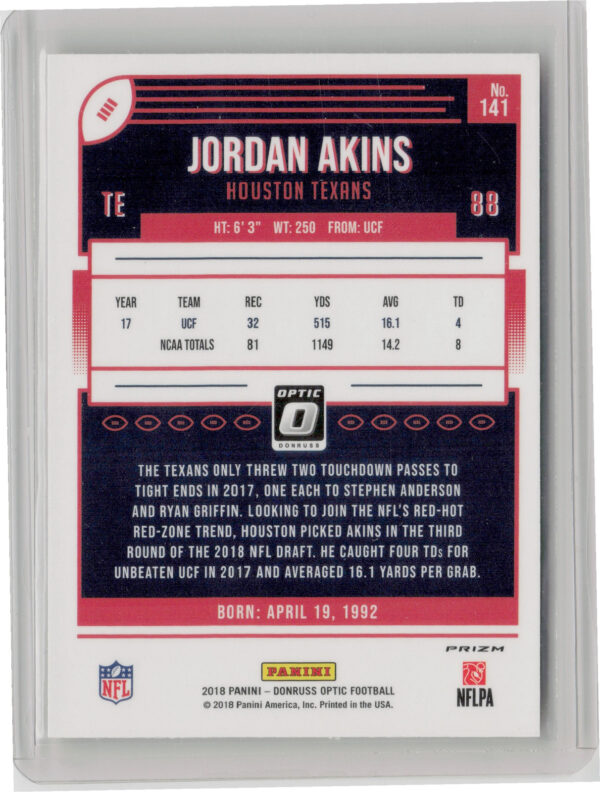 2018 Donruss Optic Jordan Akins Red and Yellow #141 Texans - Image 3