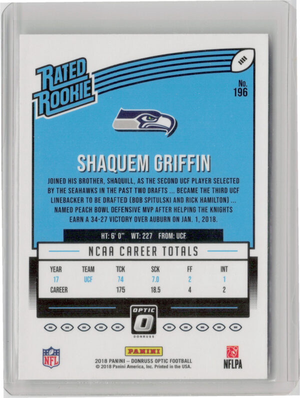 2018 Donruss Optic Shaquem Griffin RC #196 Seahawks - Image 3