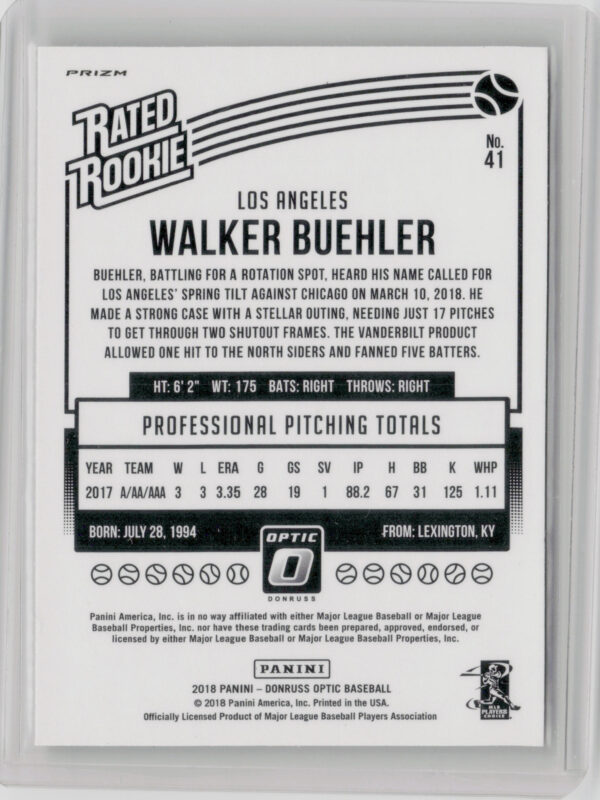 2018 Donruss Optic Walker Buehler Bronze VAR #41 Dodgers - Image 3