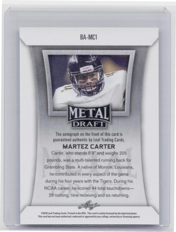 2018 Leaf Metal Draft Martez Carter auto BA-MC1 - Image 3