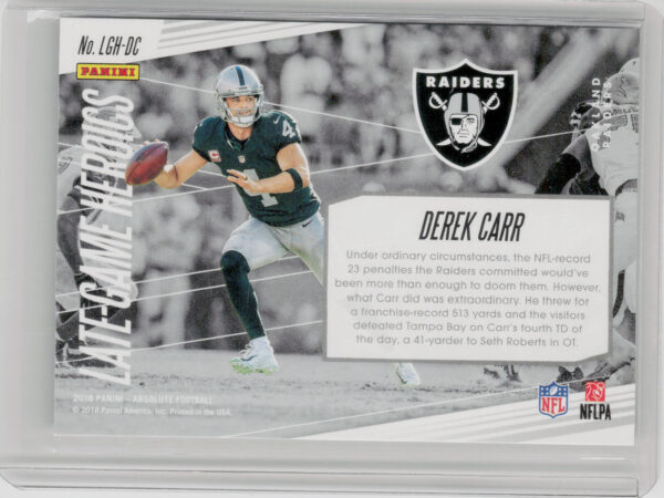 2018 Panini Absolute Derek Carr #LGH-DC Raiders Late Game Heroics - Image 3