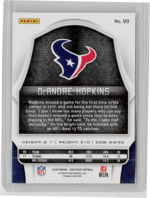 2018 Panini Certified DeAndre Hopkins Mirror Silver SN499 #90 Texans - Image 3