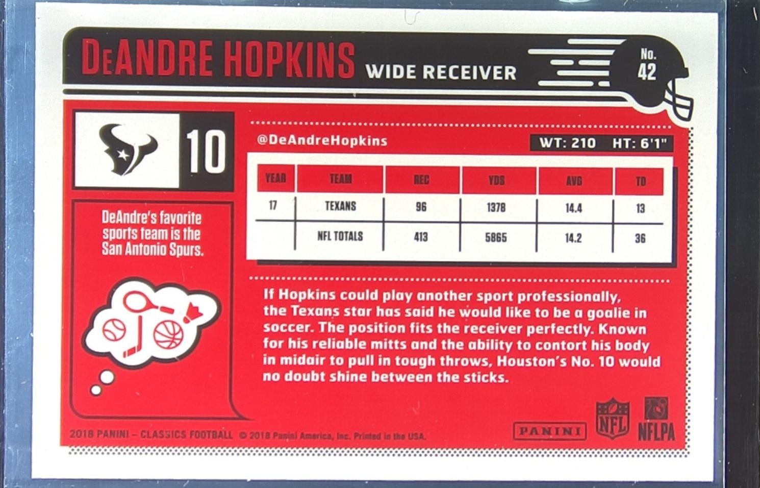 2018 Panini Classics DeAndre Hopkins Red Back /299 #42 Texans - Image 3