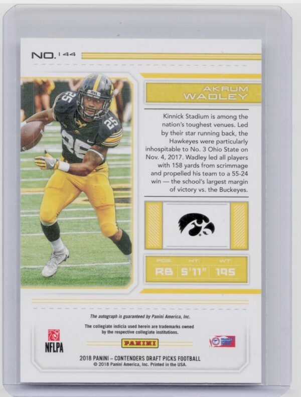 2018 Panini Contenders Draft Picks Akrum Wadley Draft Blue Foil AU SP #144 Hawke - Image 3