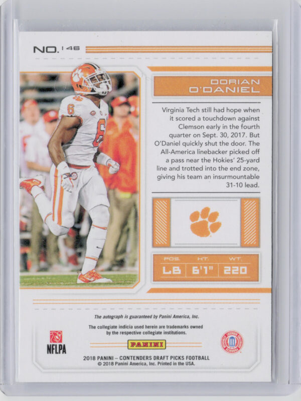 2018 Panini Contenders Draft Picks Dorian O'Daniel AU #146 Tigers - Image 3