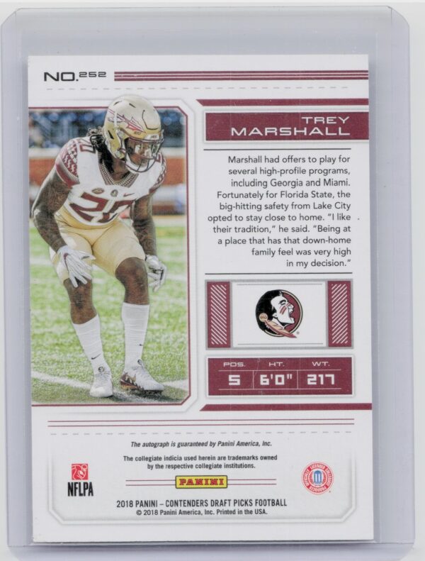2018 Panini Contenders Draft Picks Trey Marshall AU #252 Seminoles - Image 3