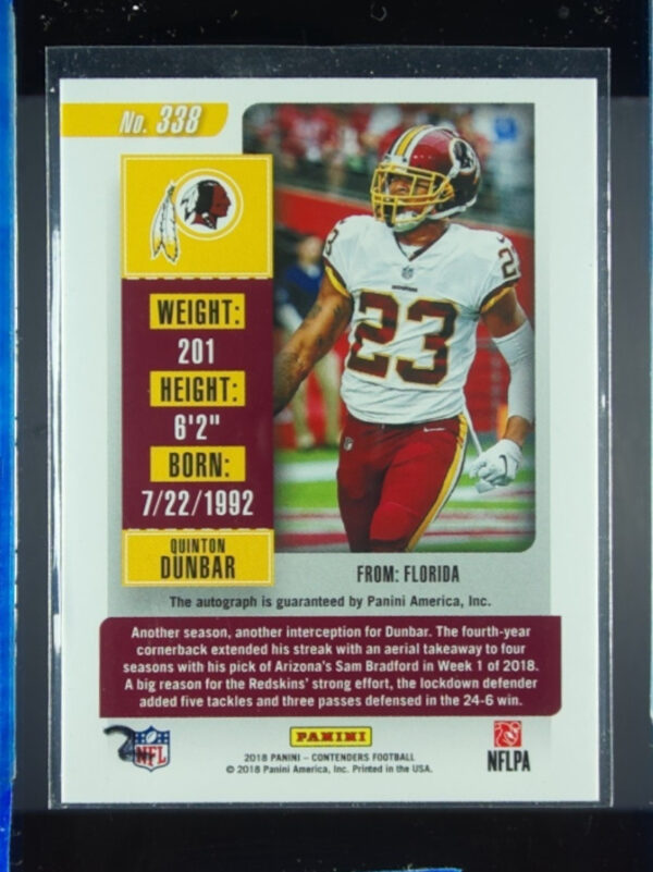 2018 Panini Contenders Quinton Dunbar AU RC #338 Redskins - Image 3