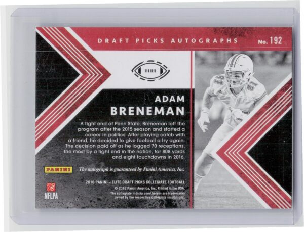 2018 Panini Elite Draft Picks Adam Breneman AU #192 Minutemen Draft Picks Autogr - Image 3