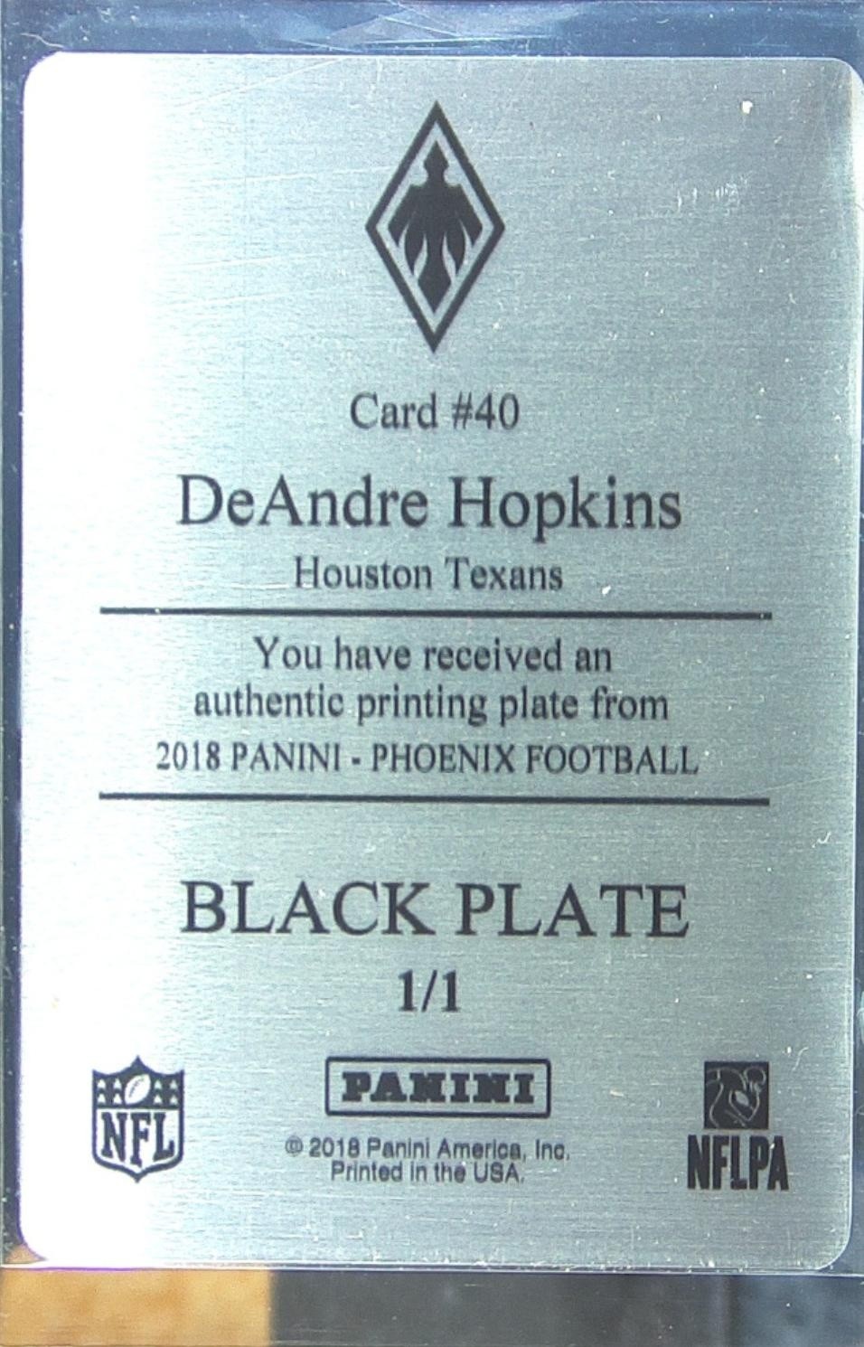 2018 Panini Phoenix DeAndre Hopkins Printing Plate Black /1 #40 Texans - Image 3