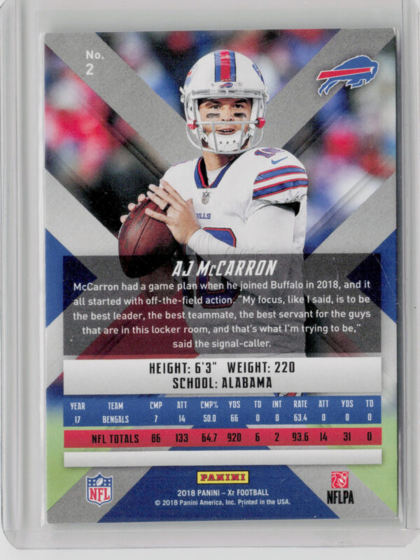 2018 Panini XR AJ McCarron Orange SN99 #2 Bills - Image 3