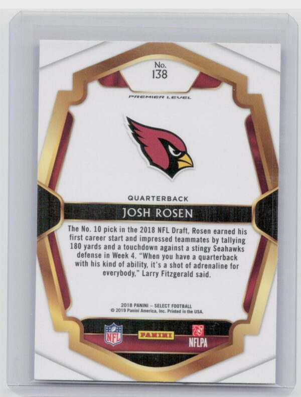 2018 Select Josh Rosen Premier Level RC #138 Cardinals - Image 3