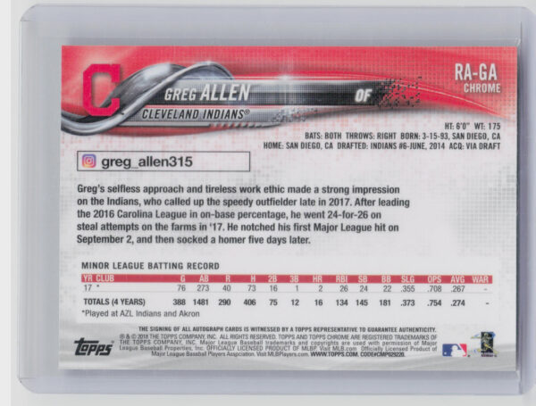 2018 Topps Chrome Greg Allen AU #RA-GA Indians Rookie Autographs - Image 3