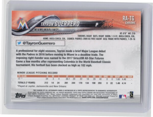 2018 Topps Chrome Tayron Guerrero AU #RA-TG Marlins Rookie Autographs - Image 3