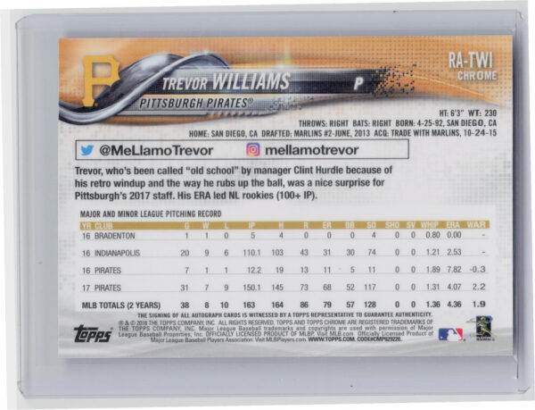 2018 Topps Chrome Trevor Williams AU #RA-TWI Pirates Rookie Autographs - Image 3