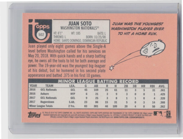 2018 Topps Heritage Juan Soto RC #502 Nationals - Image 3