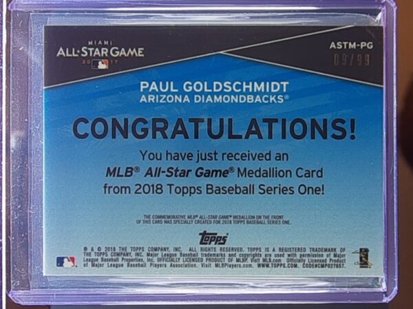 2018 Topps Paul Goldschmidt SN99 #ASTM-PG Diamondbacks MLB All Star Game Manufac - Image 3