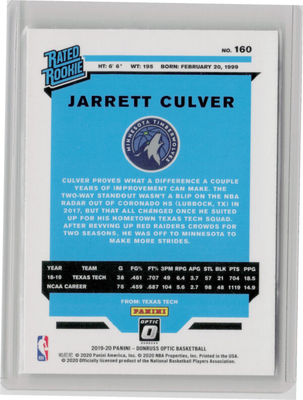 2019-20 Donruss Optic Jarrett Culver RC #160 Timberwolves - Image 3