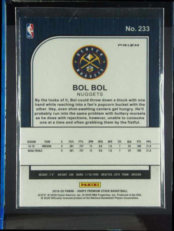 2019-20 Hoops Premium Stock Bol Bol Prizms Silver #233 Nuggets - Image 3
