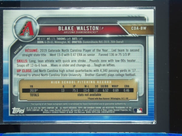 2019 Bowman Draft Blake Walston AU #CDA-BW Diamondbacks Chrome Draft Pick - Image 3