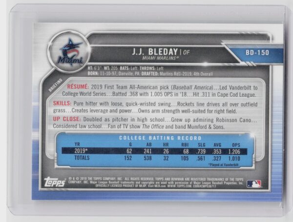 2019 Bowman Draft J.J. Bleday #BD-150 Marlins - Image 3